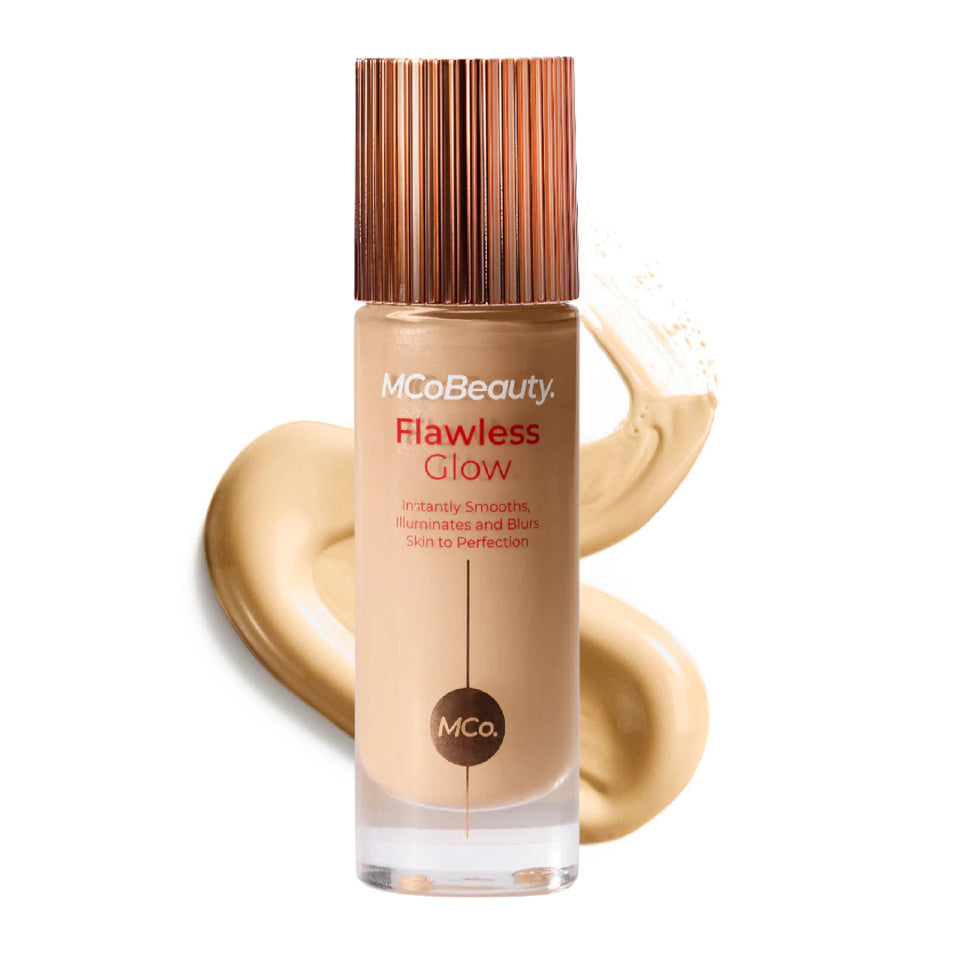MCoBeauty Flawless Glow bottle pour showing luminous primer base for dewy skin