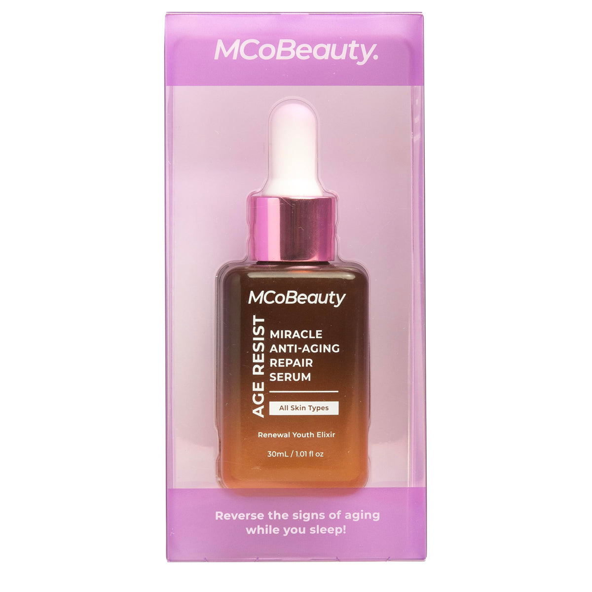 MCoBeauty packaging front highlighting premium nighttime skincare in a luxe palette