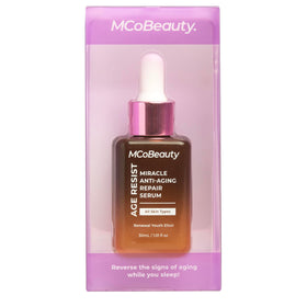 MCoBeauty packaging front highlighting premium nighttime skincare in a luxe palette