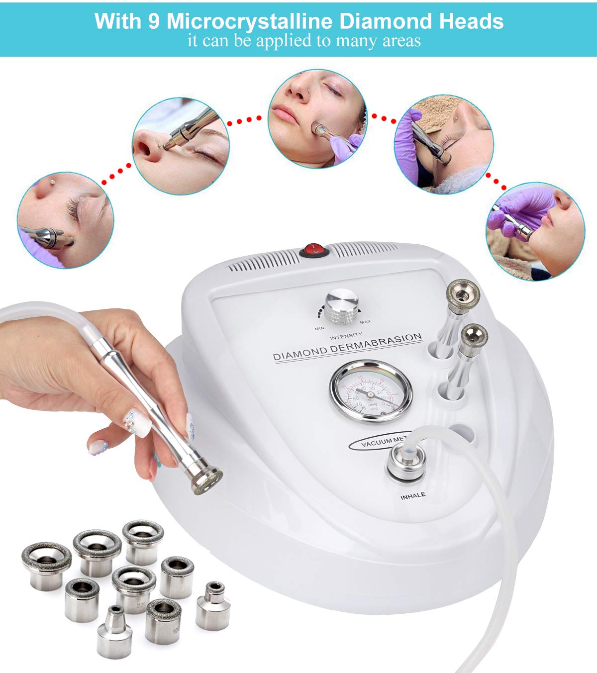 Mcwdoit device in use on face, neck, and chest for smoother skin
