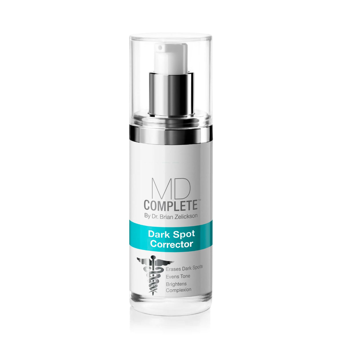 MD Complete Dark Spot Corrector bottle on a clean vanity for an evening skincare routine.
