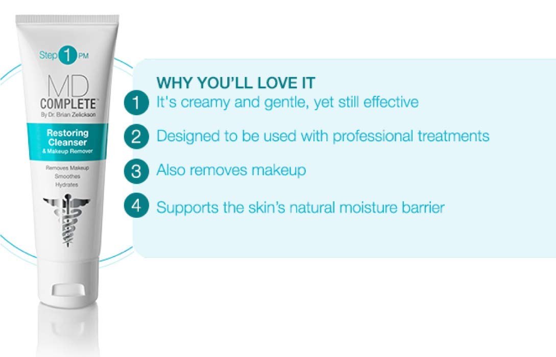 MD Complete Restoring Cleanser applied to skin for gentle makeup removal and cleansing.