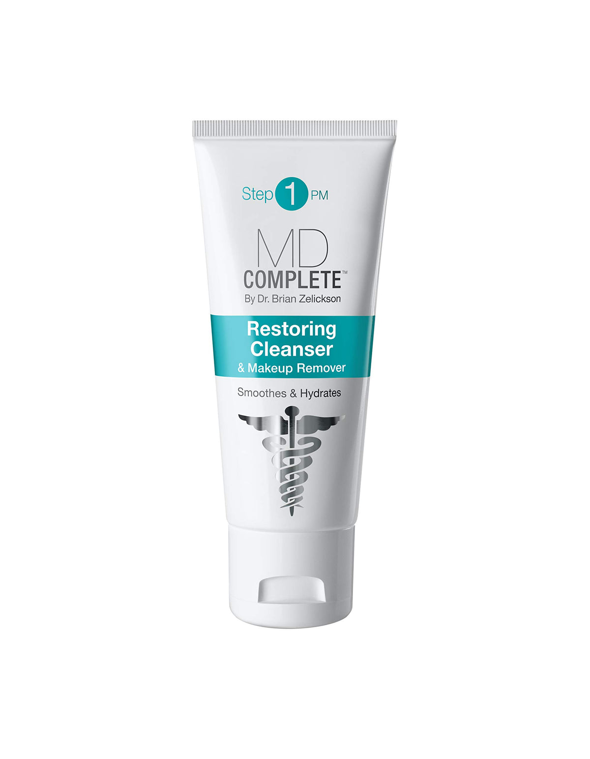 MD Complete Restoring Cleanser bottle showcasing soothing aloe chamomile formula for calm skin.