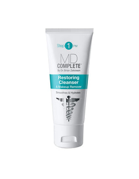 MD Complete Restoring Cleanser bottle showcasing soothing aloe chamomile formula for calm skin.