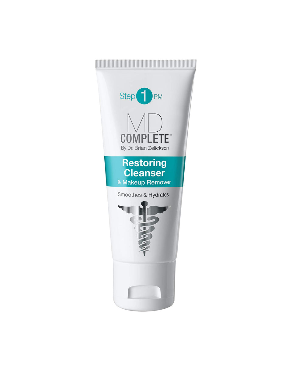 MD Complete Restoring Cleanser bottle showcasing soothing aloe chamomile formula for calm skin.