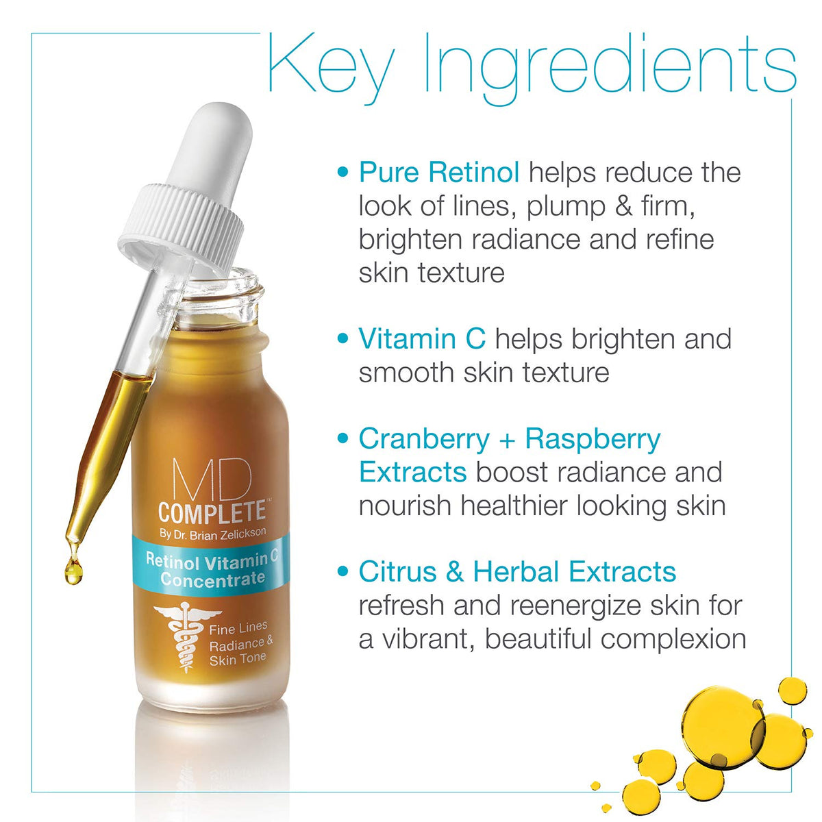 MD Complete Retinol Vitamin C Concentrate Serum ingredient graphic highlights key actives.