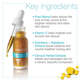 MD Complete Retinol Vitamin C Concentrate Serum ingredient graphic highlights key actives.