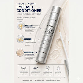 MD Lash Factor trial size bottle and cap design supports portable travel use.