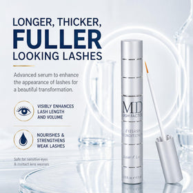 MD Lash Factor trial size built-in brush enables mess-free, targeted application.