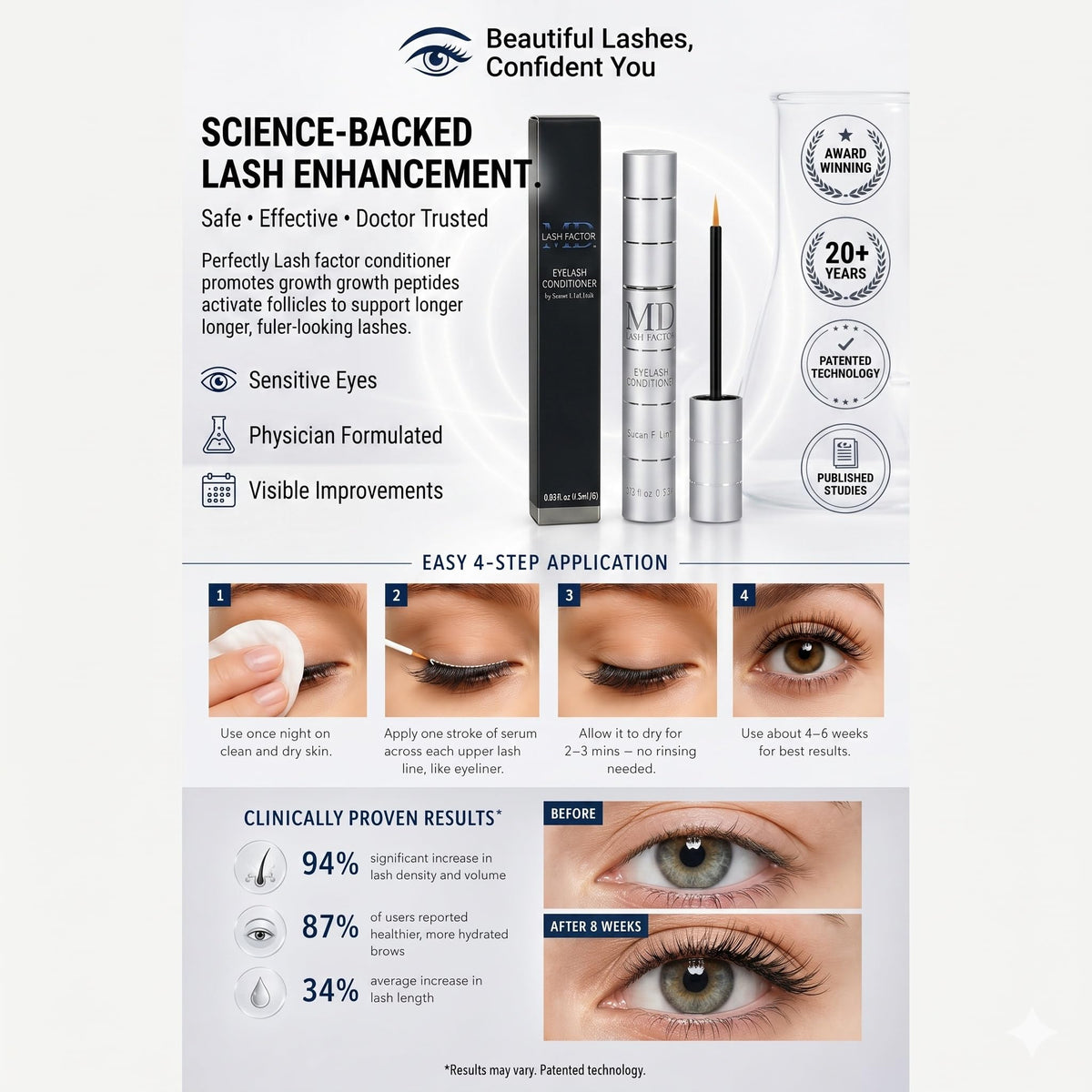 MD Lash Factor trial size compact travel case fits cosmetics bag.