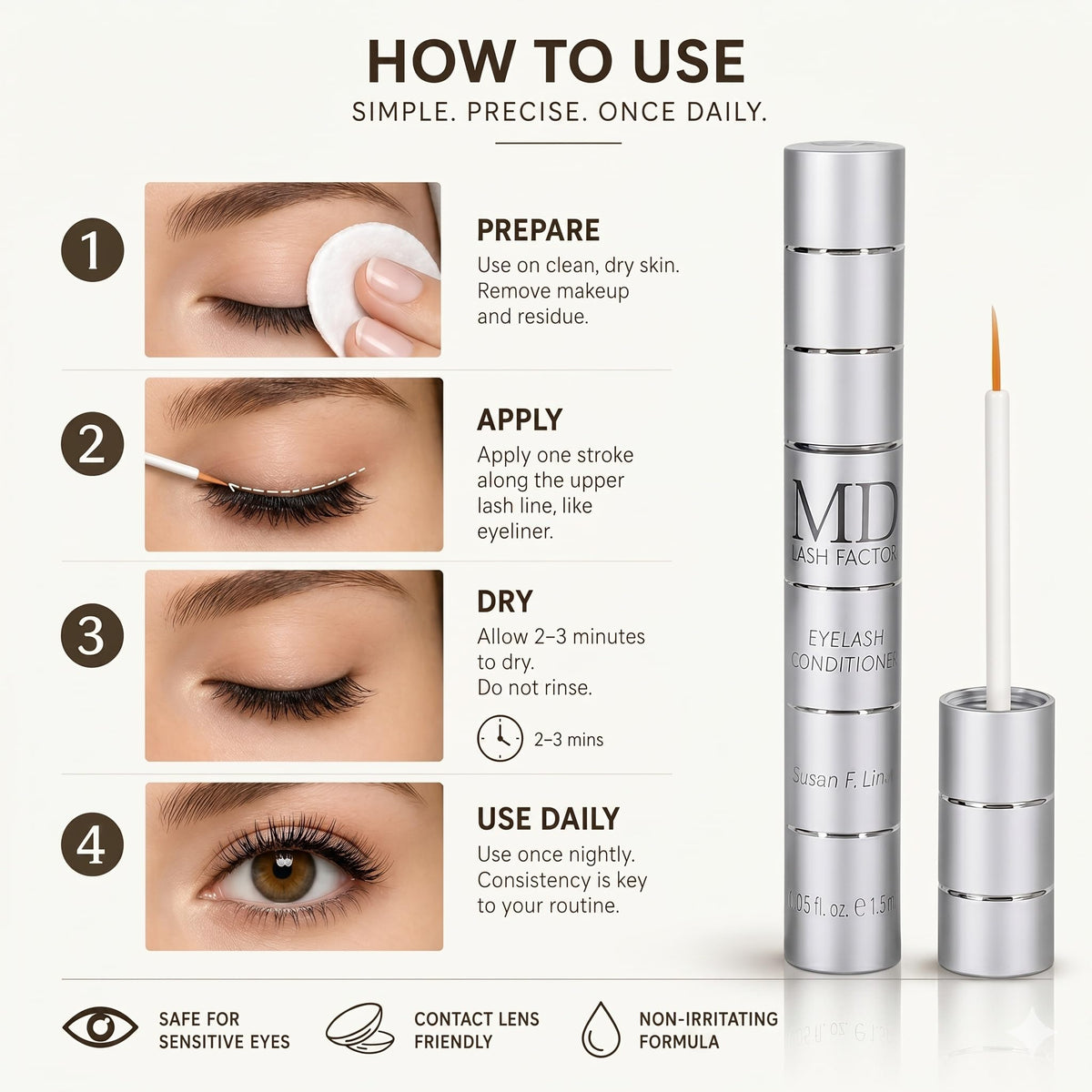 MD Lash Factor trial size safe for sensitive eyes and wearers.