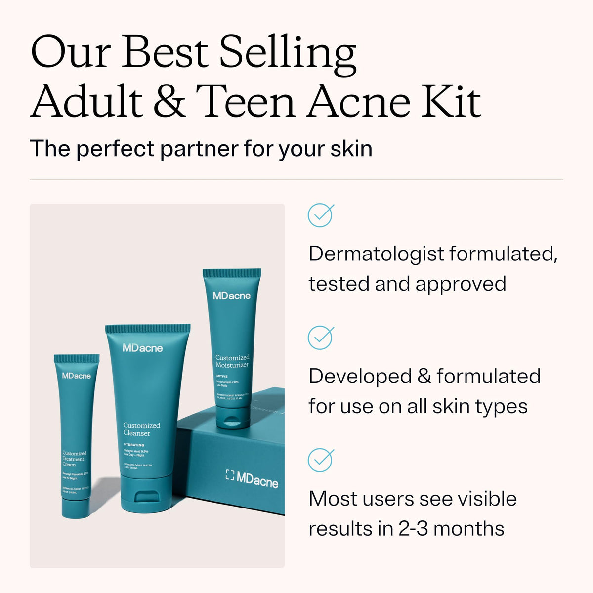 MDacne benzoyl peroxide cream tube for targeted spot treatment and quick soothing