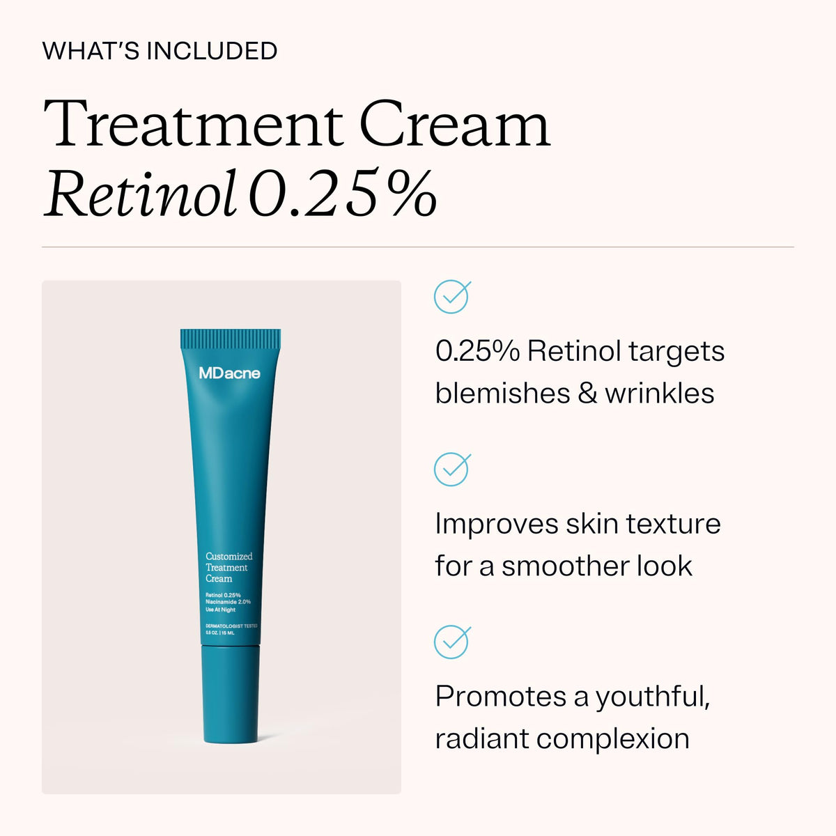 MDacne dermatologist-formulated label highlighting vegan, paraben-free, cruelty-free skincare