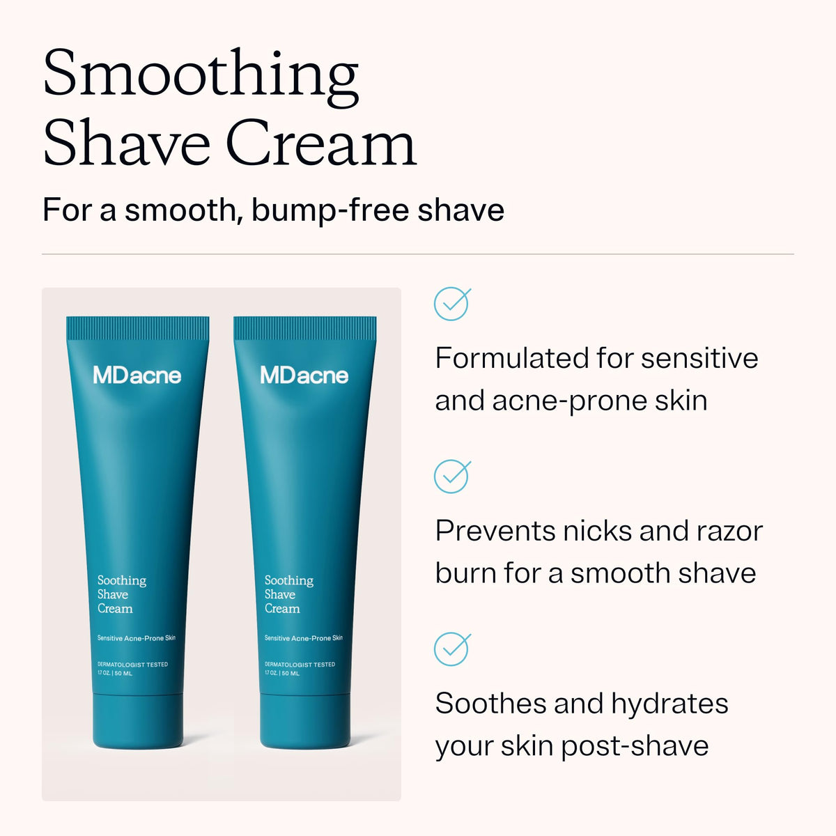 MDacne shaving cream 2-pack tubes closeup highlights gentle ingredients for sensitive skin.