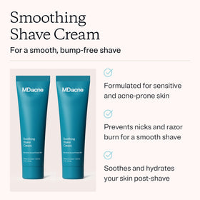 MDacne shaving cream 2-pack tubes closeup highlights gentle ingredients for sensitive skin.