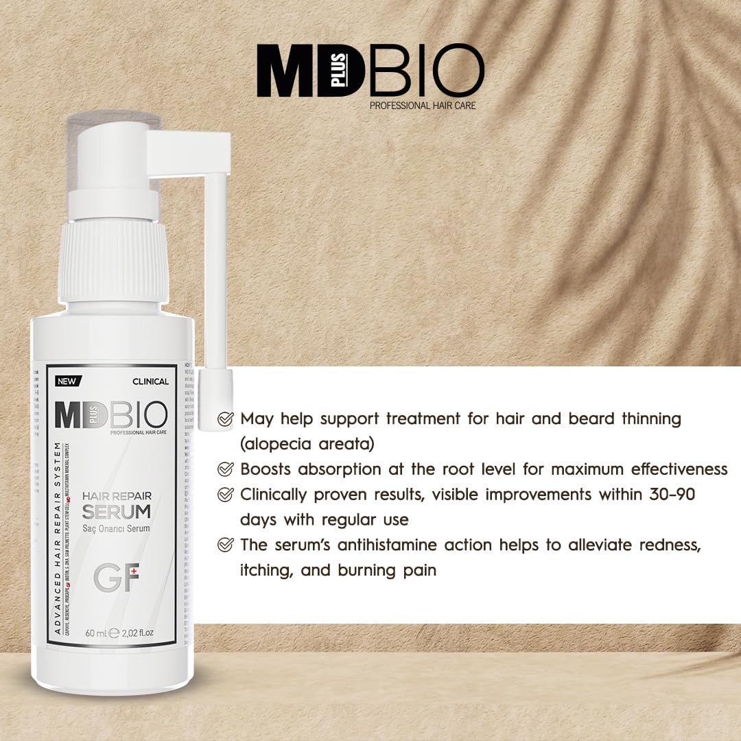 MD Plus Bio Professional Hair Care bottle highlighting peptides and botanicals