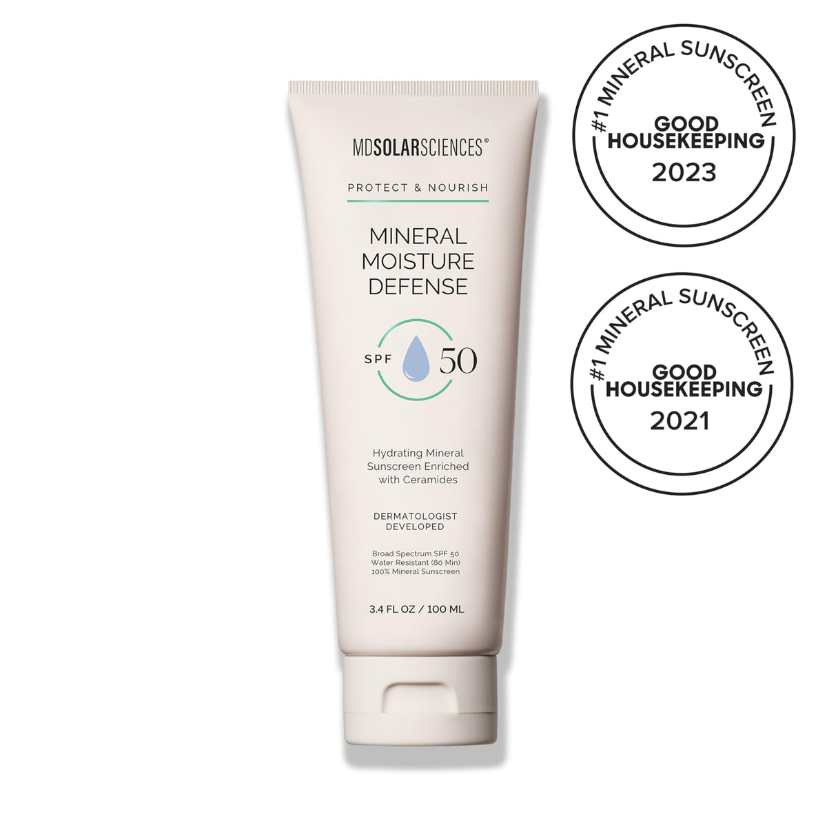 MDSolarSciences Mineral Moisture Defense bottle back with SPF 30 and ceramides details