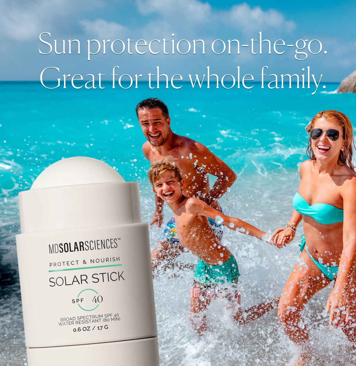 MDSolarSciences Solar Stick SPF 40 portable touch-up on lips, cheeks, and nose.