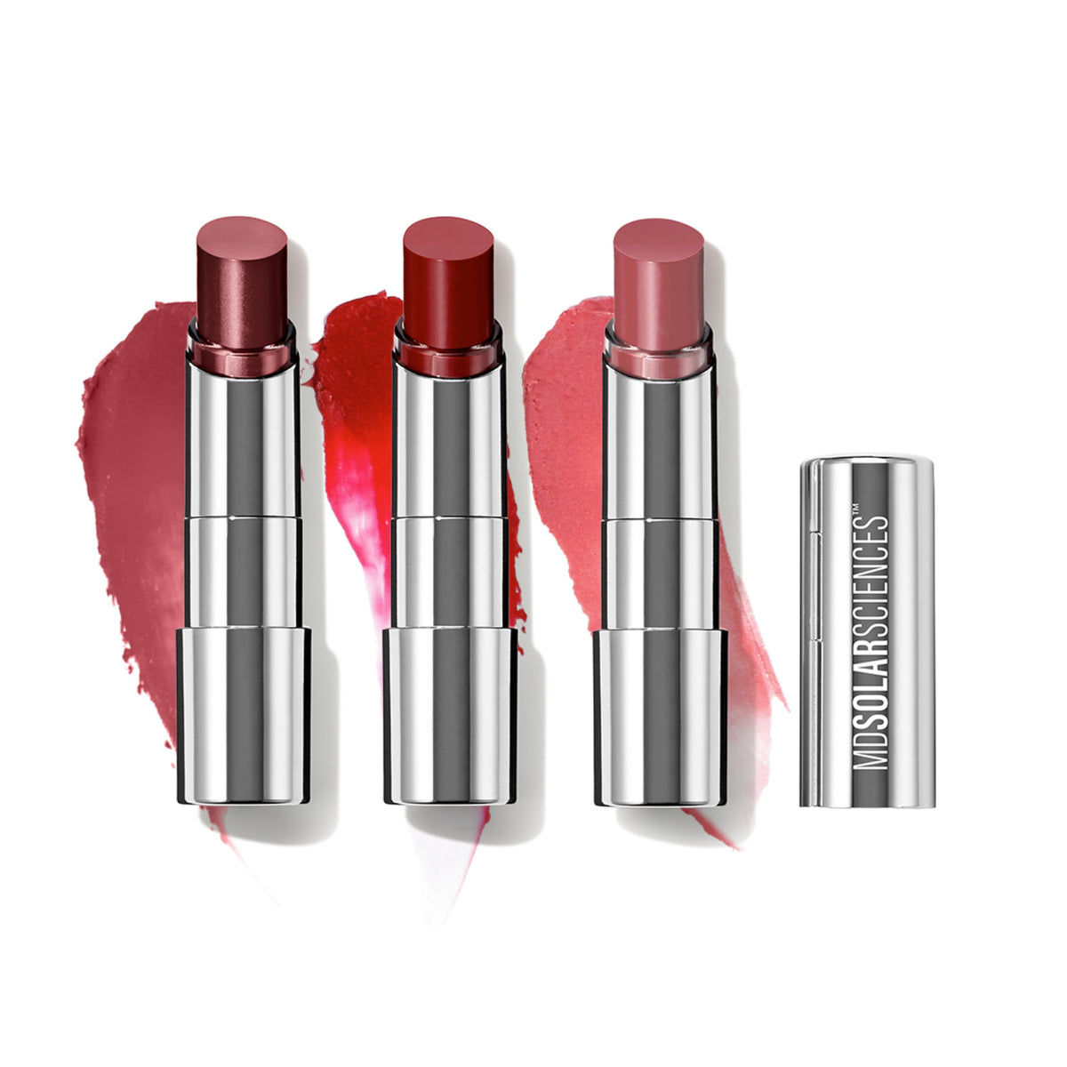 The MDSolarSciences Vivids trio packaging showcases vegan, sun safe lip care collection.