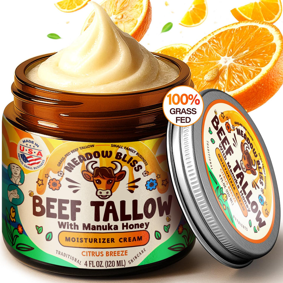 Meadow Bliss beef tallow cream in tub showing rich hydration for dry skin