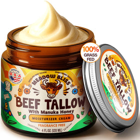 Meadow Bliss beef tallow jar closeup; fragrance-free hydration with vitamin-rich oils.