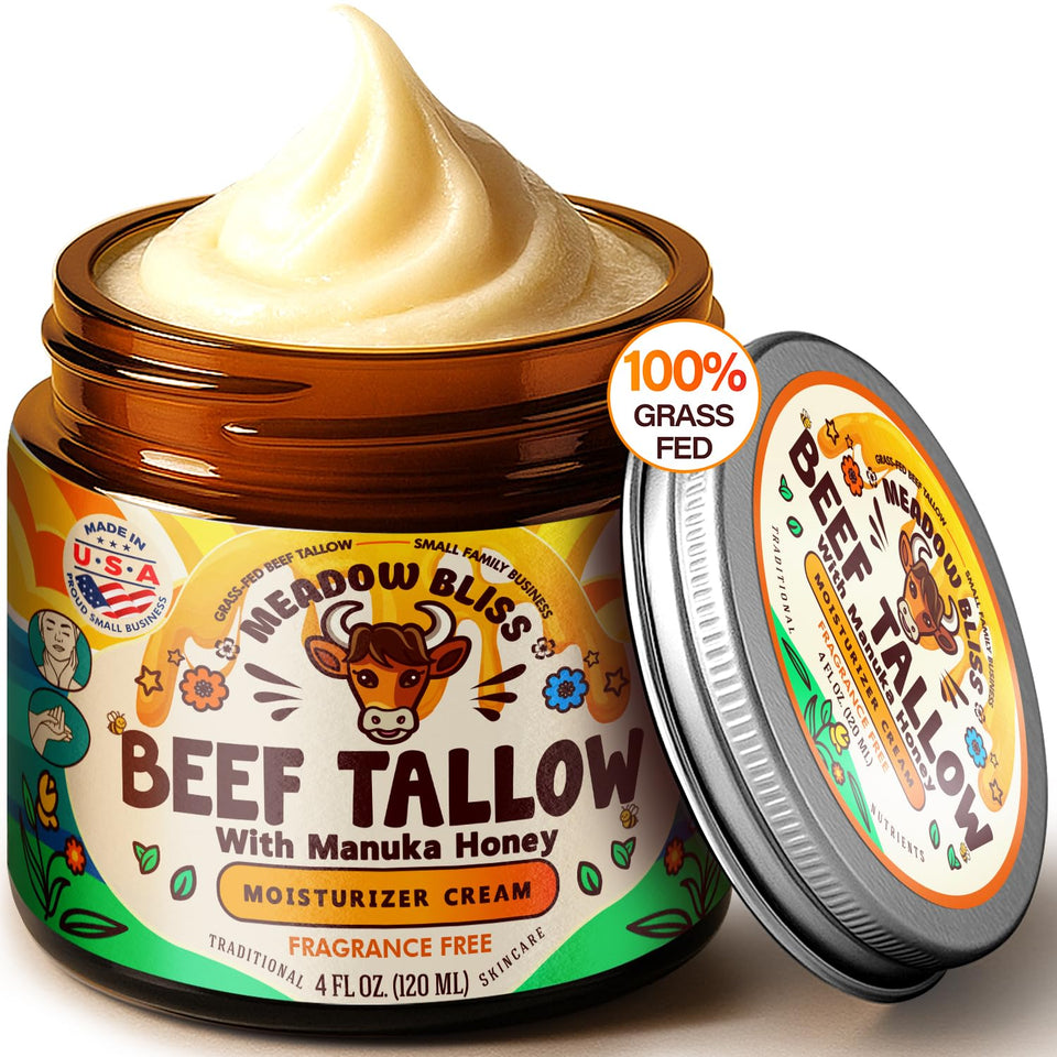 Meadow Bliss beef tallow jar closeup; fragrance-free hydration with vitamin-rich oils.