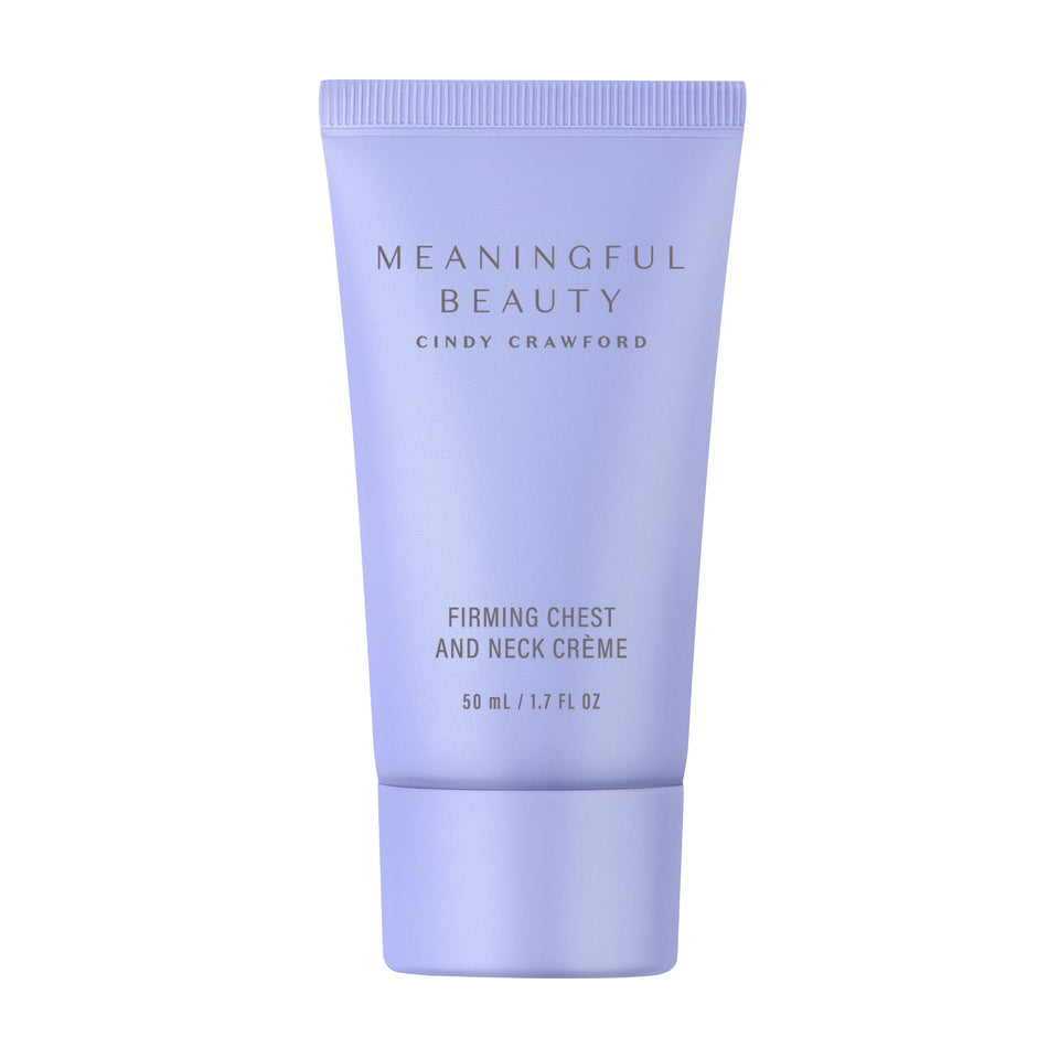 Meaningful Beauty firming chest and neck crème packaging highlights hydration for delicate skin.