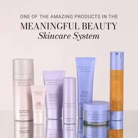 Meaningful Beauty hydrating formula shown on skin suggests long-lasting moisture.