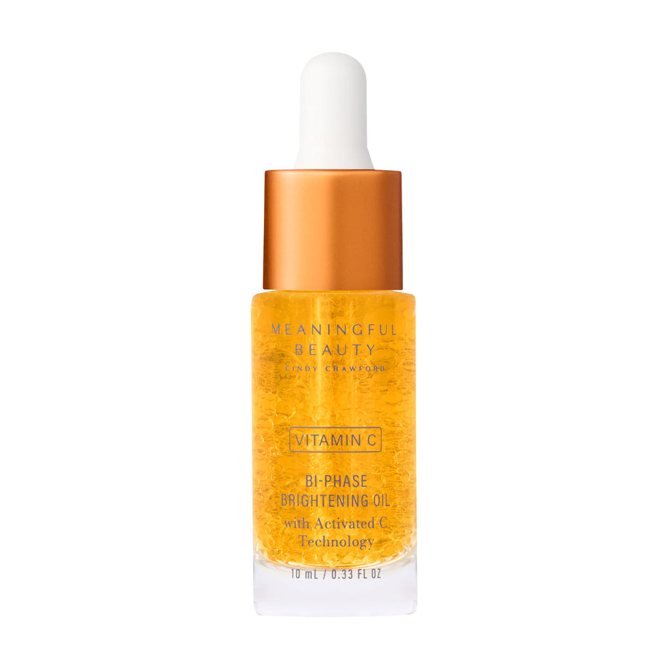Meaningful Beauty Vitamin C Bi-Phase Brightening Oil bottle shows luminous glow and portable design