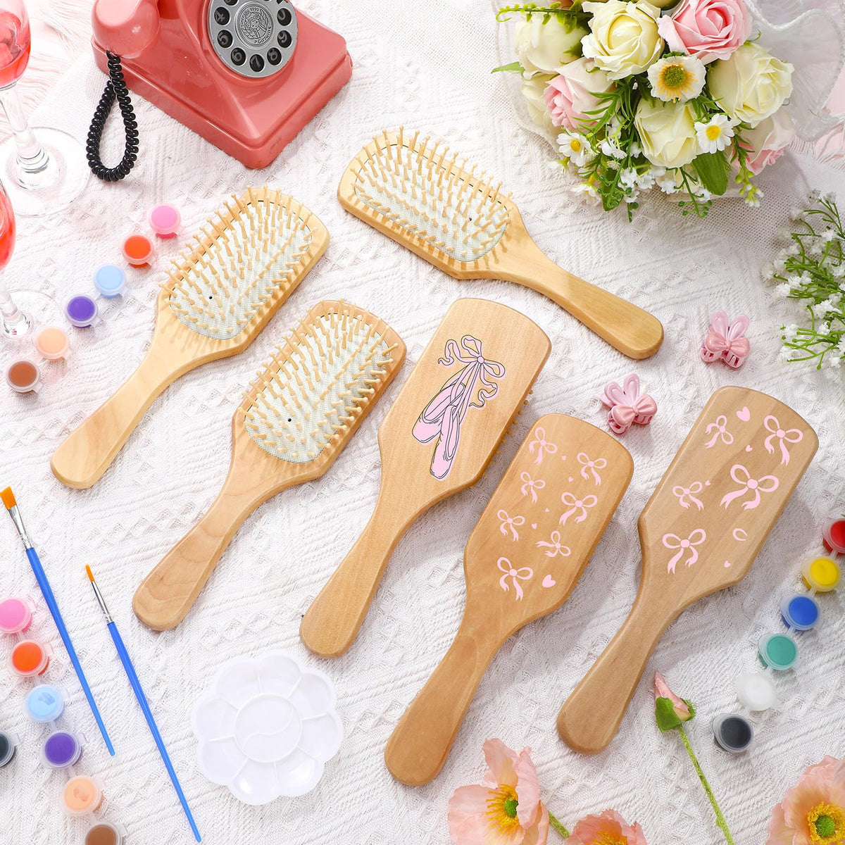 Meanplan wooden hairbrush painting kit includes palette and six acrylic colors