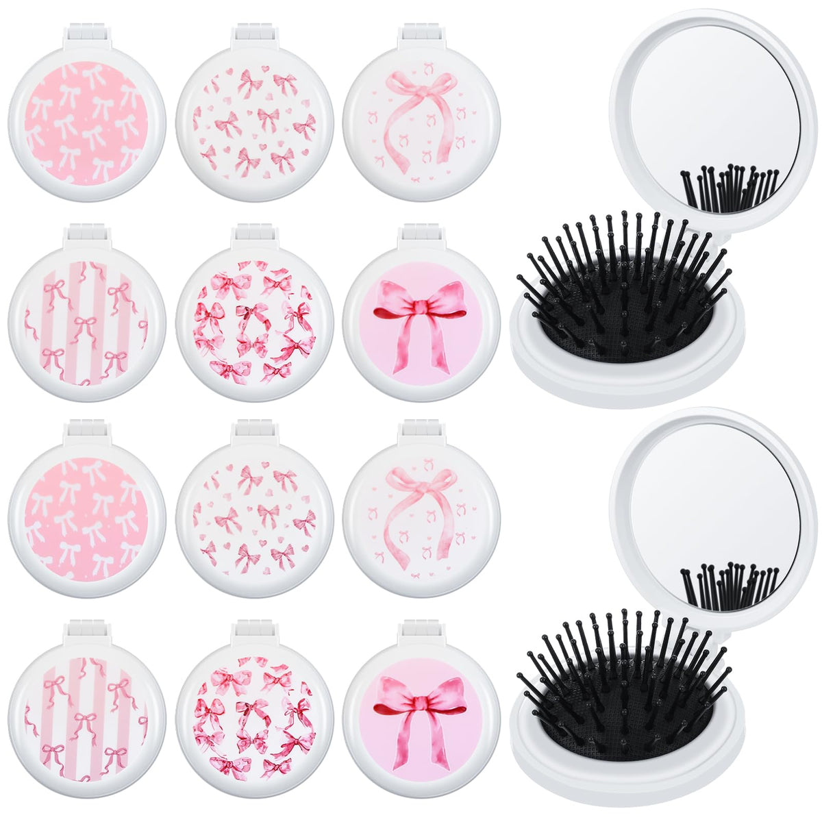 Meanplan pink bow folding mirror brush for on-the-go styling and touch-ups