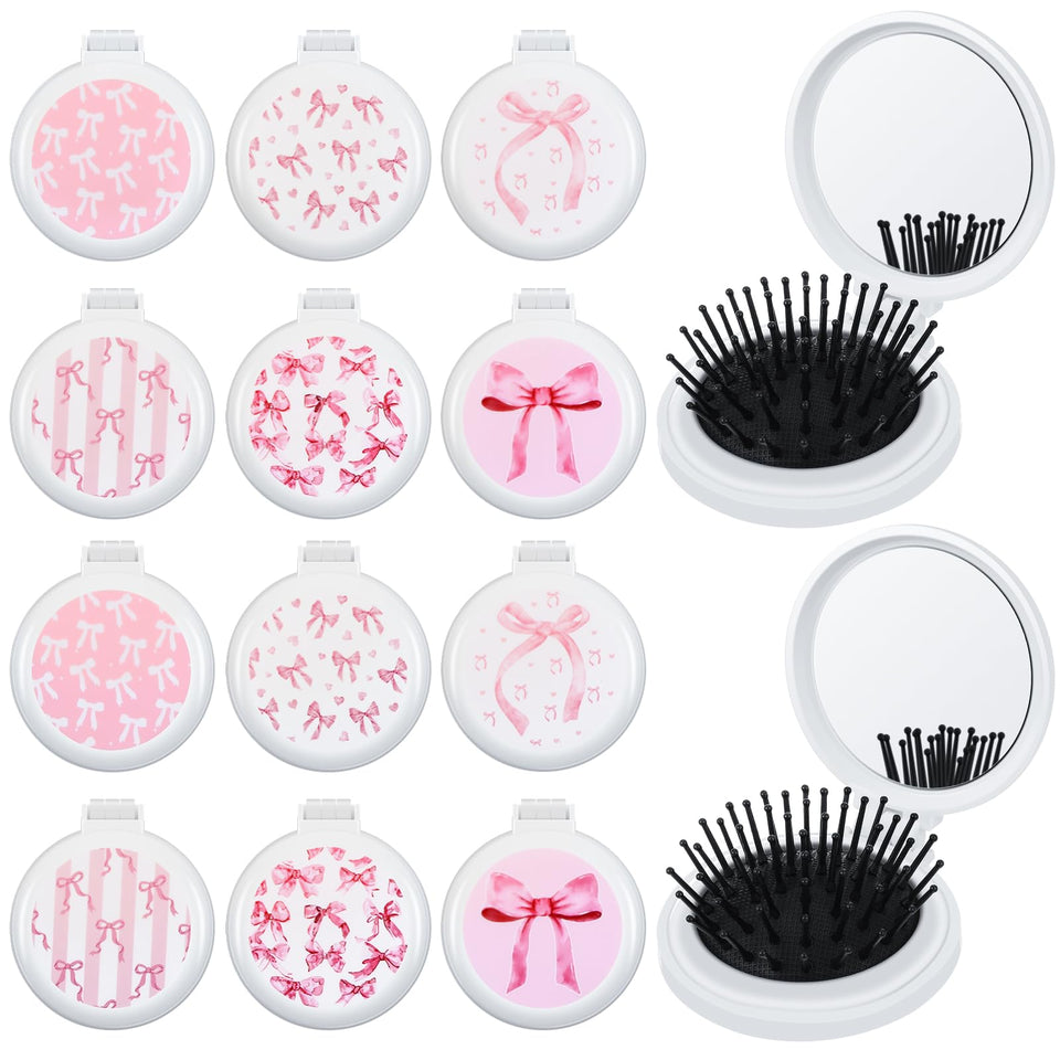 Meanplan pink bow folding mirror brush for on-the-go styling and touch-ups