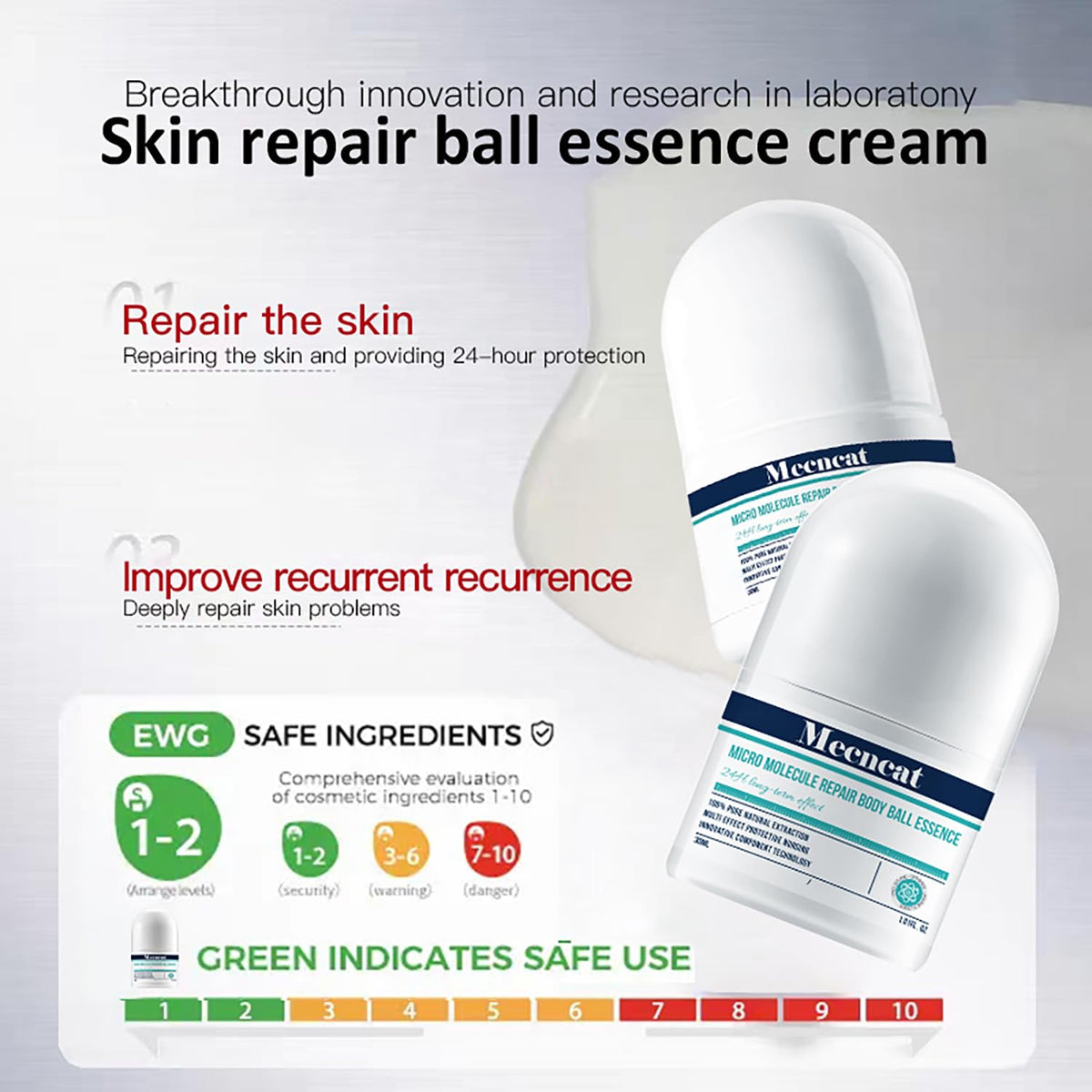 Mecncat roller massage application close-up highlights soothing, quick-absorbing action.