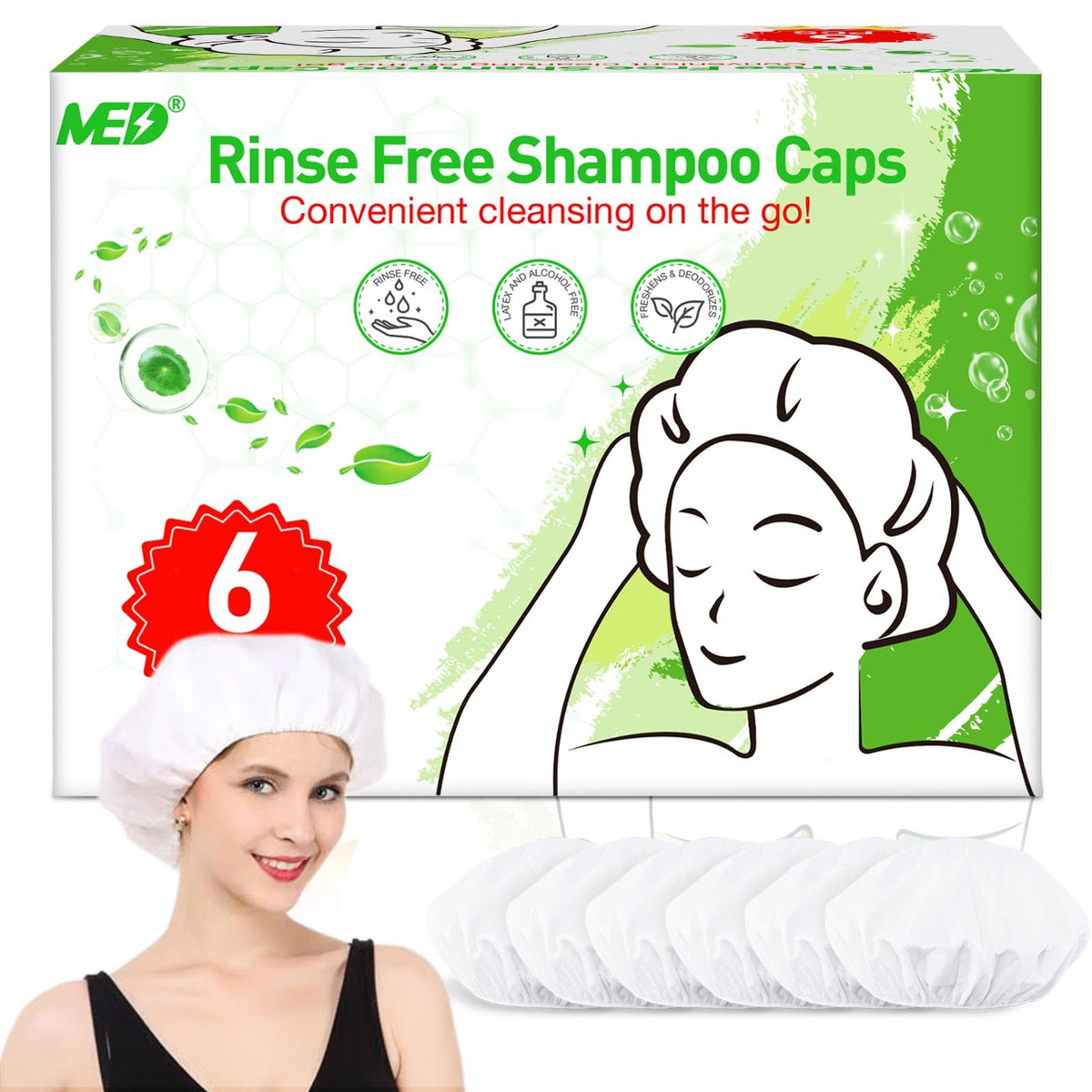 MED shampoo caps no-rinse pack six collection for easy at-home hair refresh