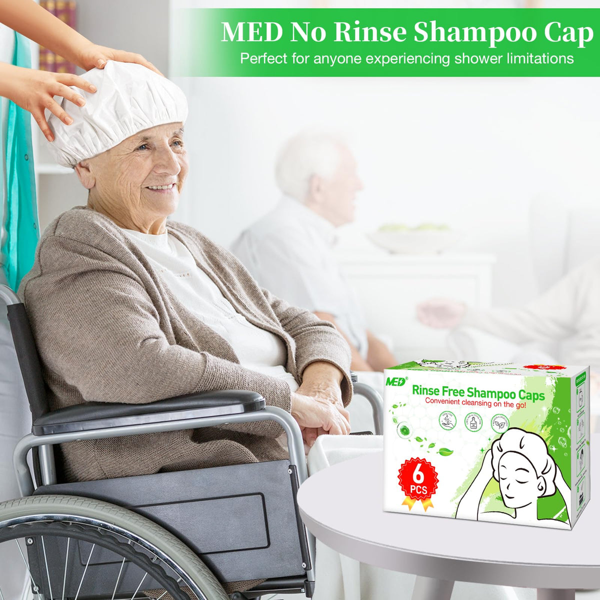 MED shampoo caps warm-damp-application demonstrating warm water prep for comfort