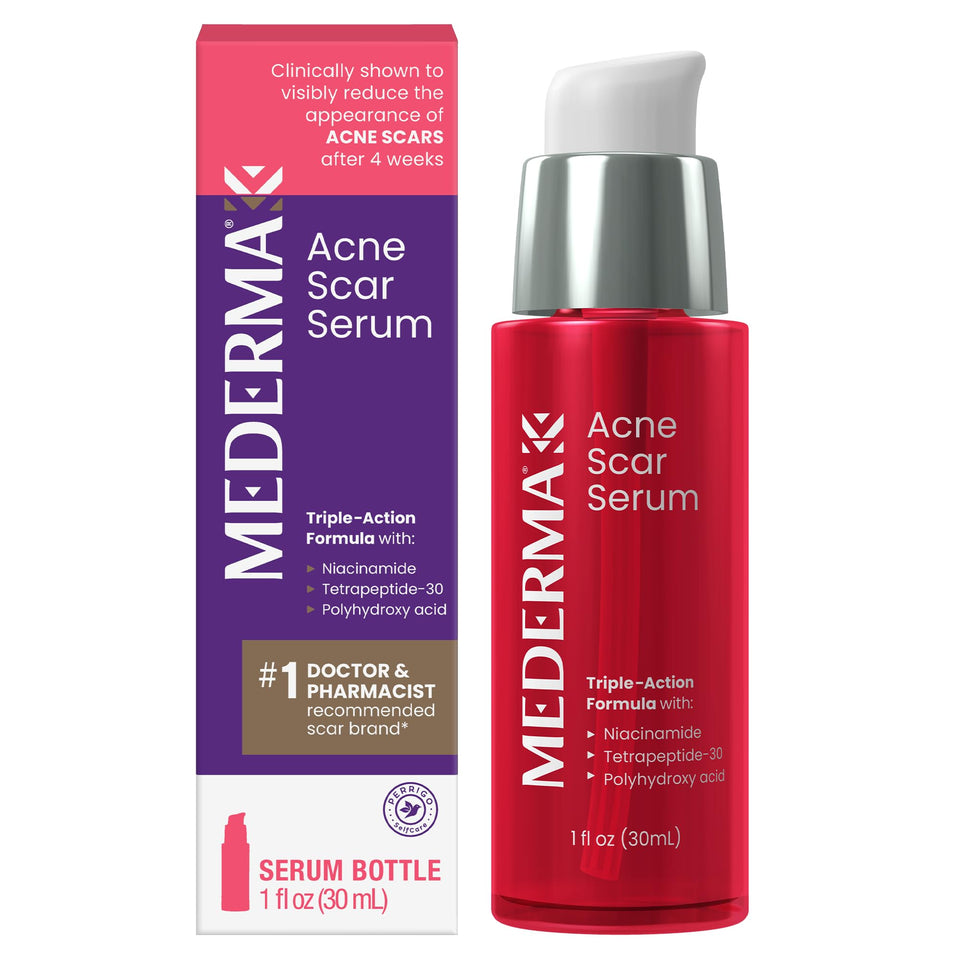 Mederma Acne Scar Serum bottle with dropper, highlighting triple-action formula for lighter acne scars.