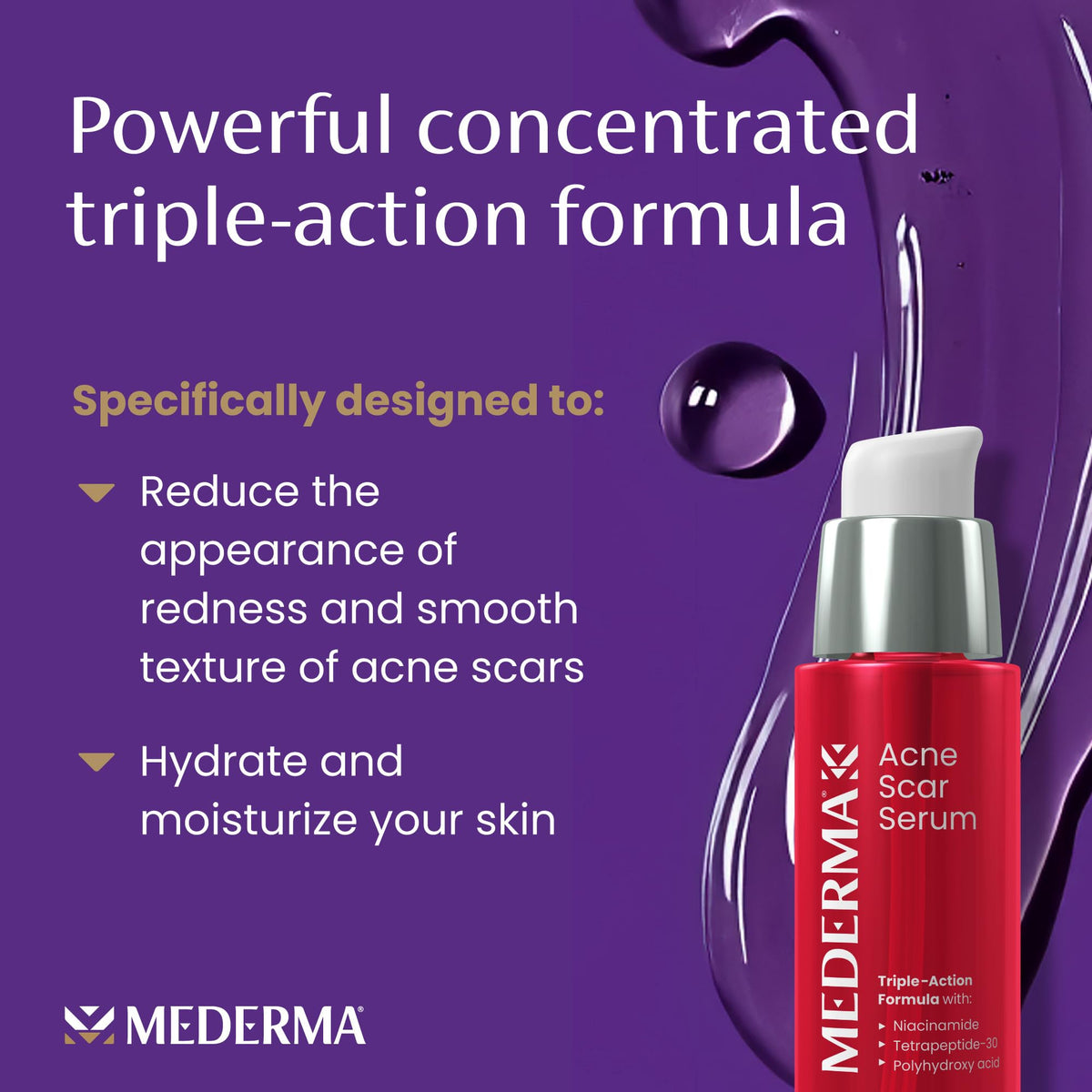 Mederma acne scar serum packaging highlights Niacinamide and Tetrapeptide-30.