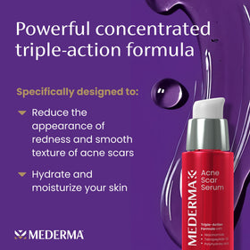 Mederma acne scar serum packaging highlights Niacinamide and Tetrapeptide-30.