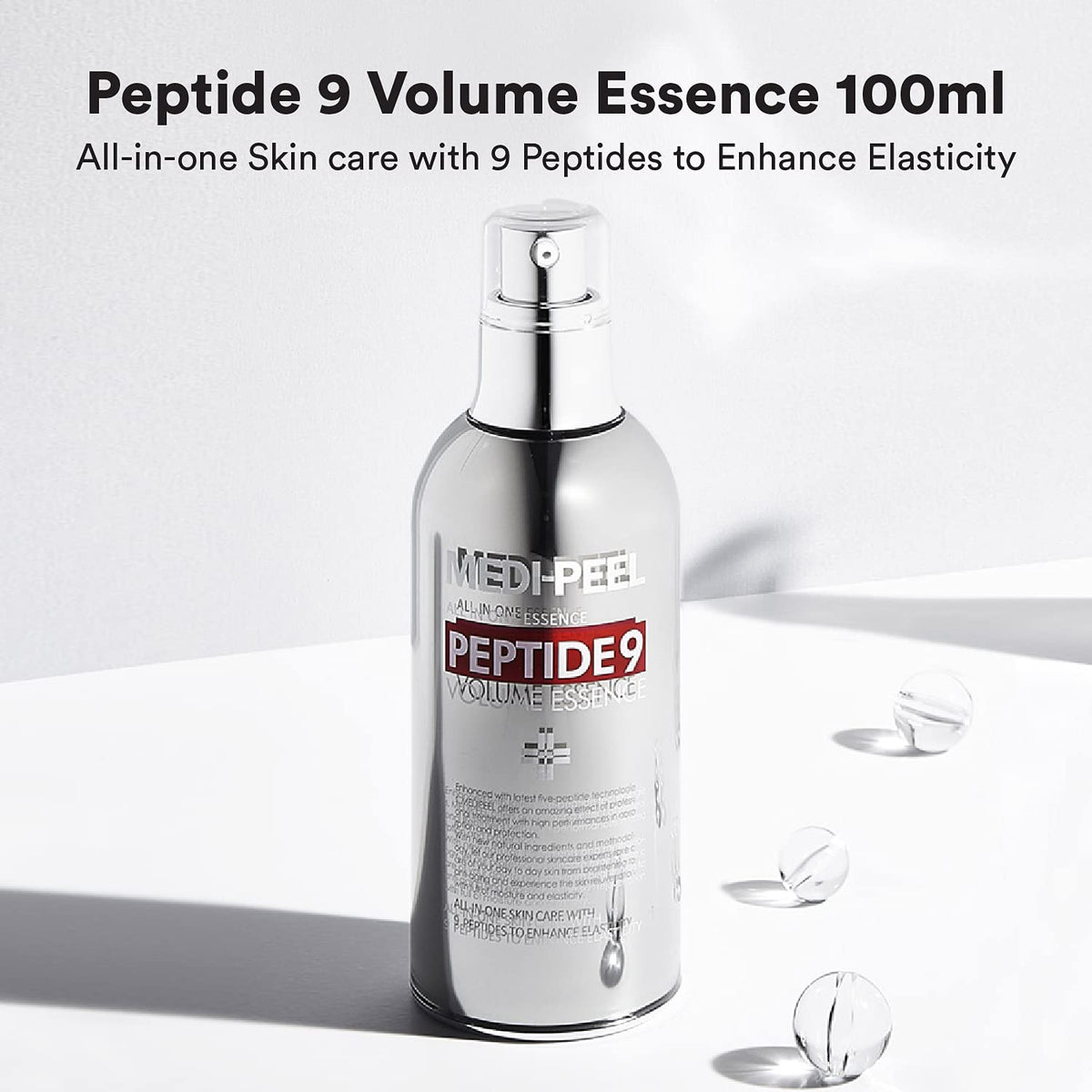 MEDI-PEEL Peptide 9 Volume Essence bottle closeup shows premium Korean skincare