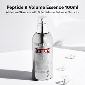 MEDI-PEEL Peptide 9 Volume Essence bottle closeup shows premium Korean skincare