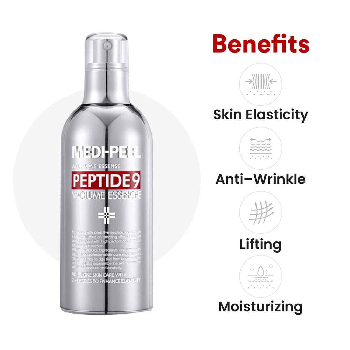 MEDI-PEEL Peptide 9 Volume Essence ingredients graphic highlights peptide complex and collagen