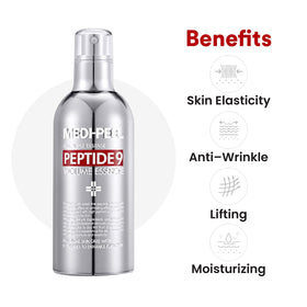 MEDI-PEEL Peptide 9 Volume Essence ingredients graphic highlights peptide complex and collagen