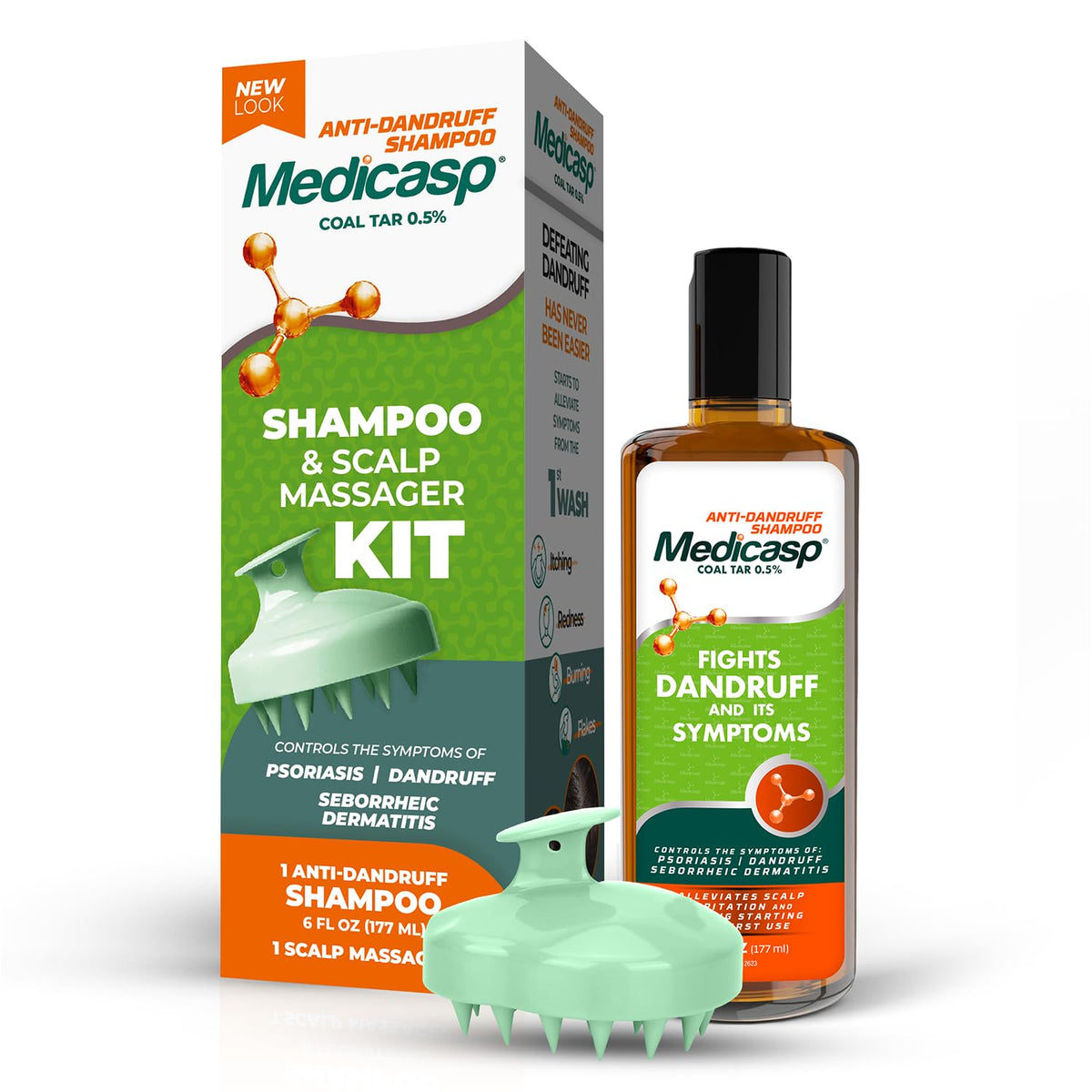 Medicasp coal tar anti-dandruff shampoo bottle, highlighting 0.5% formula for dandruff relief.