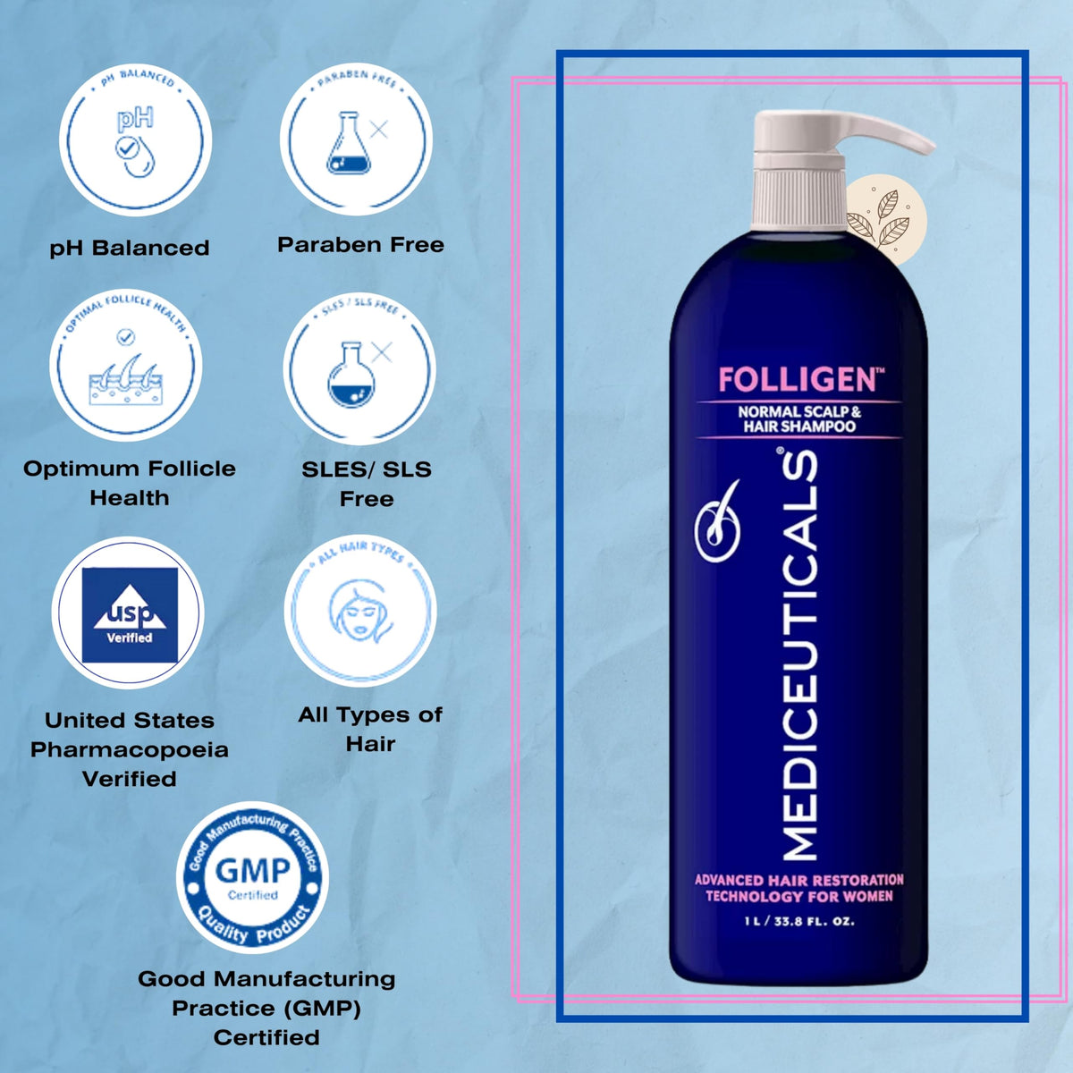 Mediceuticals Folligen Shampoo lifestyle image with healthy-looking hair.
