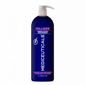 Mediceuticals Folligen Shampoo bottle for women, gentle cleanse and light rinse.