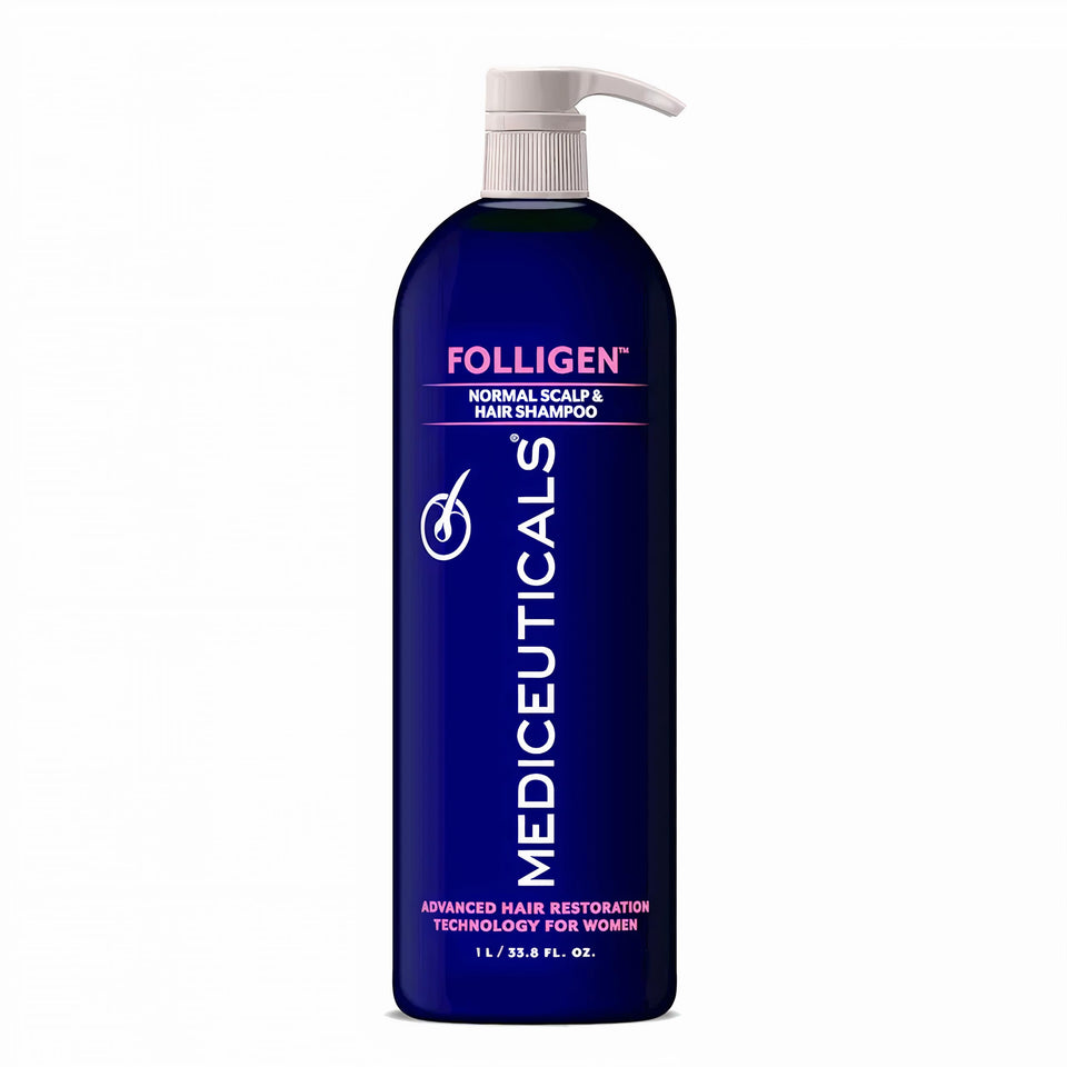 Mediceuticals Folligen Shampoo bottle for women, gentle cleanse and light rinse.