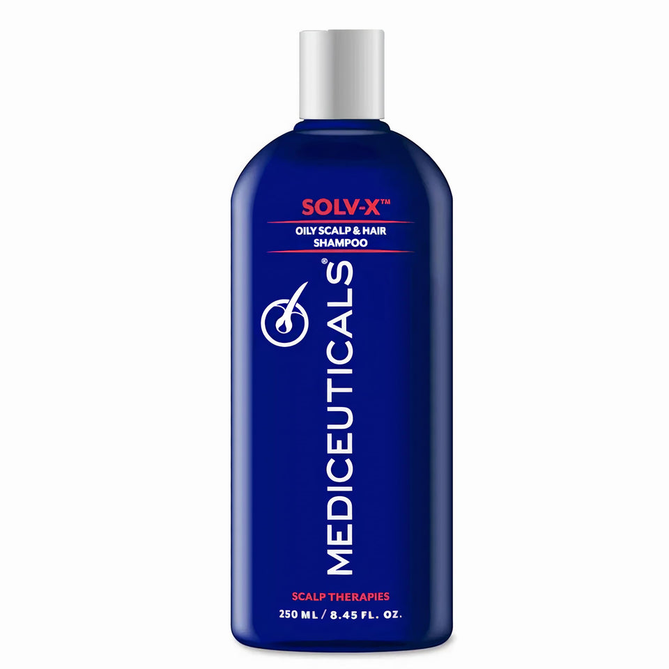 Mediceuticals Solv-X Shampoo bottle close-up for oil control on oily scalp