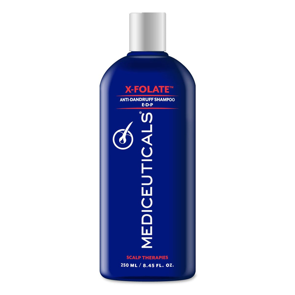 Mediceuticals X-Folate Shampoo bottle front, color-safe formula for scalp comfort.