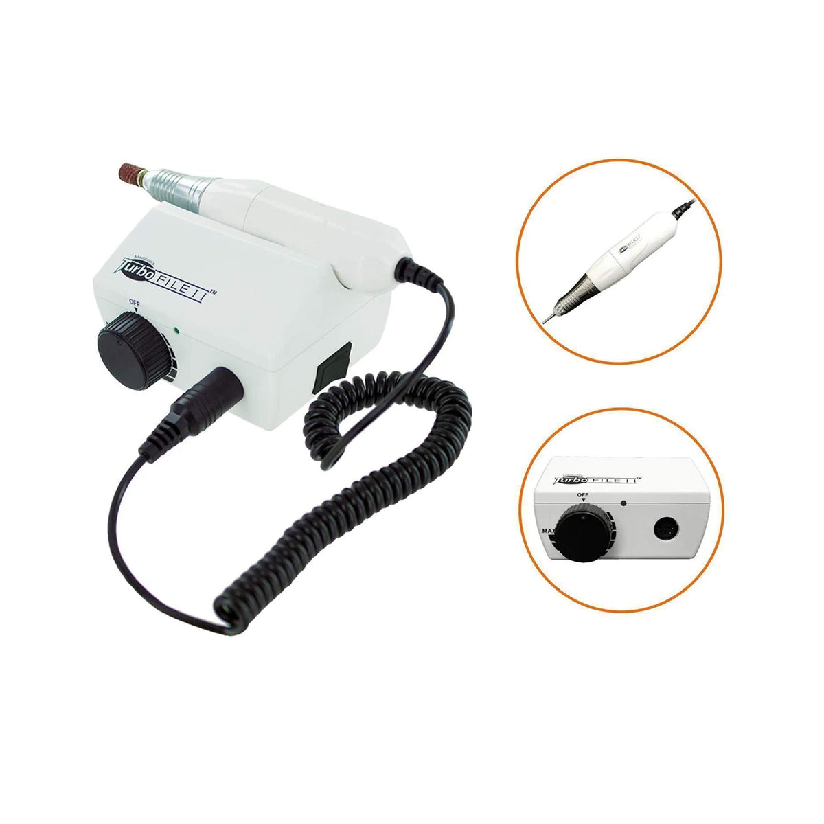 Medicool Turbo File II with 3/32-inch bits compatibility for versatile nail filing tasks.