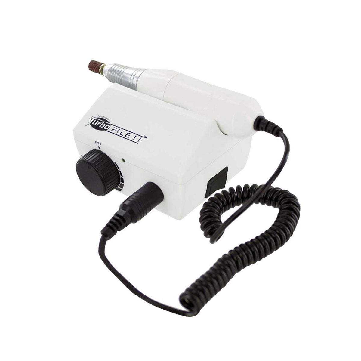 Medicool Turbo File II handpiece showing quiet, powerful filing for manicures and pedicures.